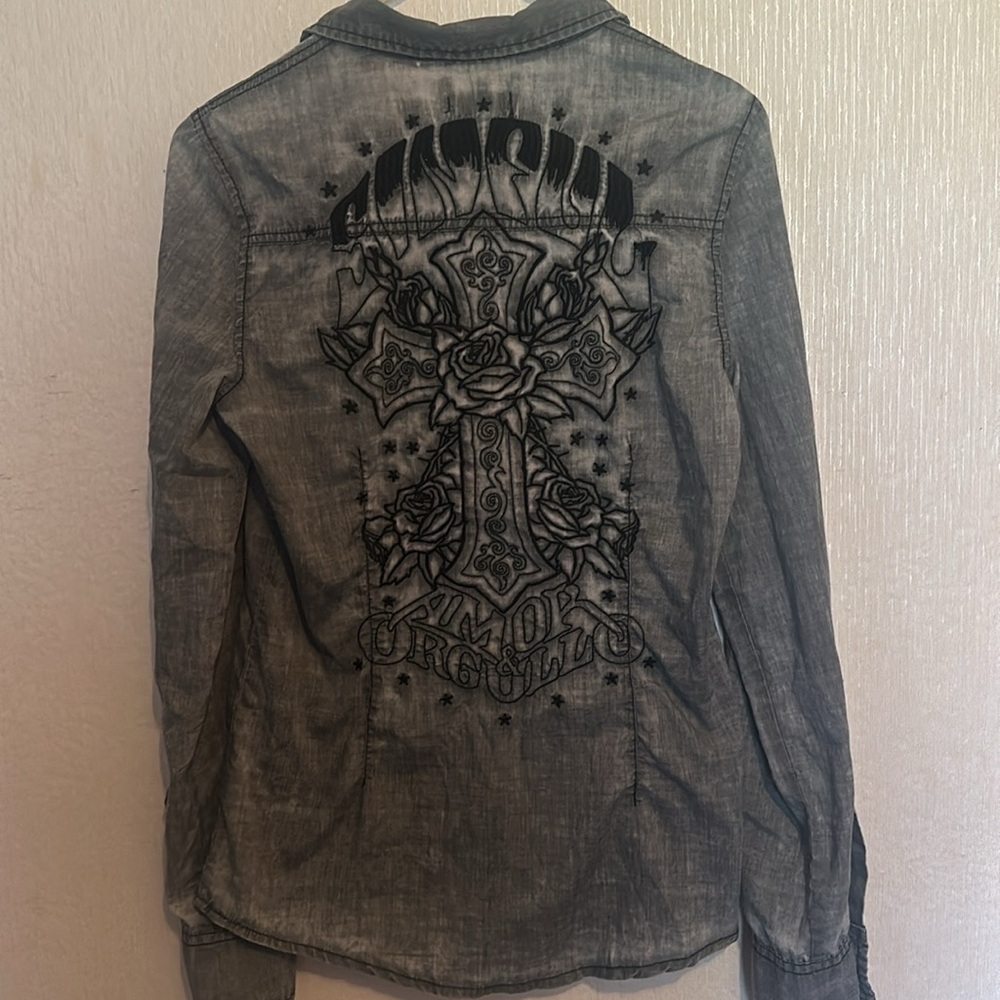 Sinful Distressed Grey and Black Embroidered Light Weight Button Up